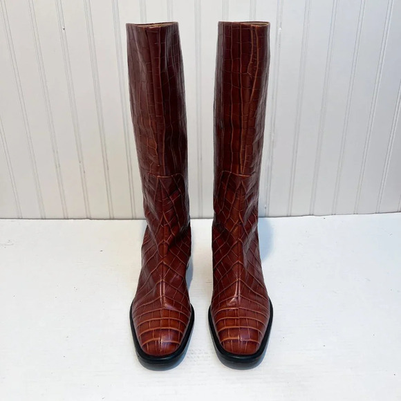 RARE Brock Collection Croc-Effect Cognac Leather Western Designer Riding Boots - Picture 3 of 12